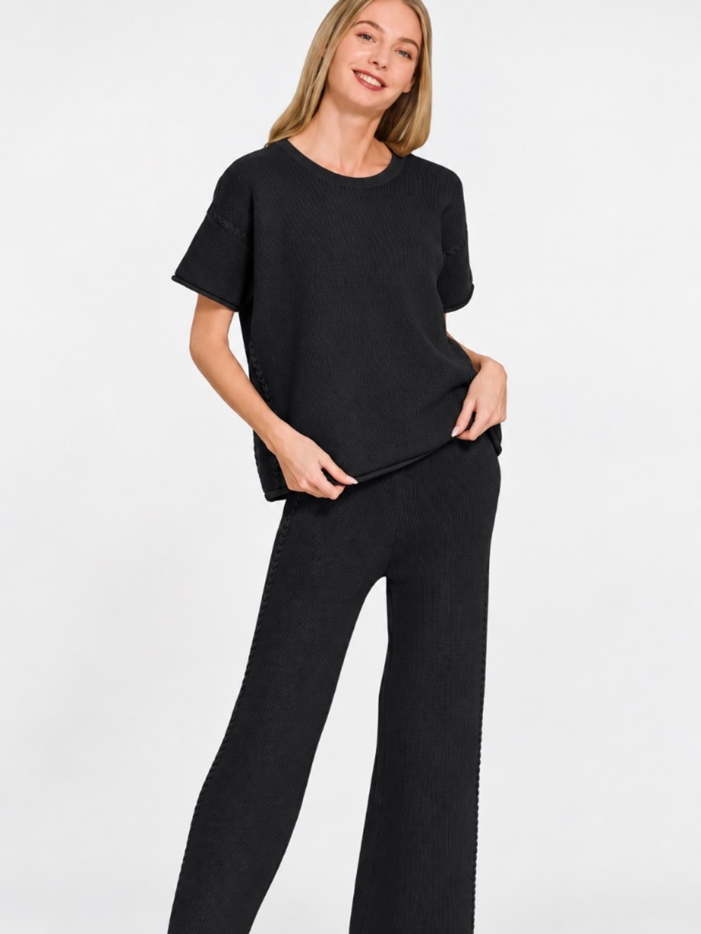 Zenana Premium Viscose Blend Black Knit Pants Set  NWOT